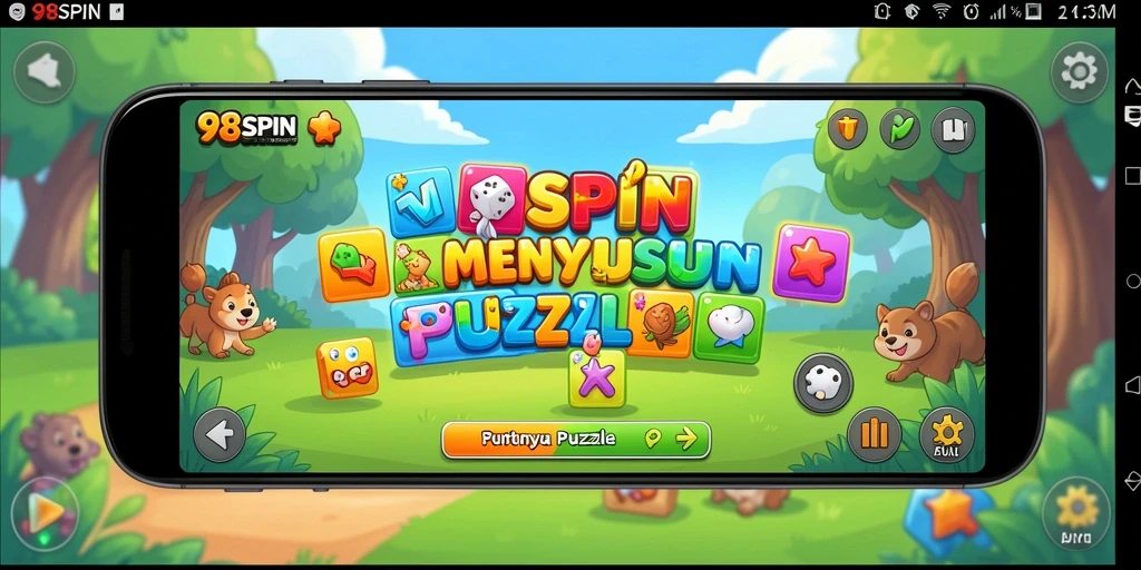 Tampilan gameplay 98SPIN dengan potongan puzzle yang berputar.
