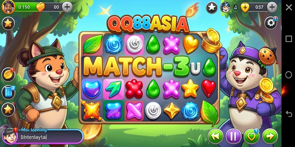 Screenshot utama QQ88ASIA menampilkan gameplay Match-3 yang seru.