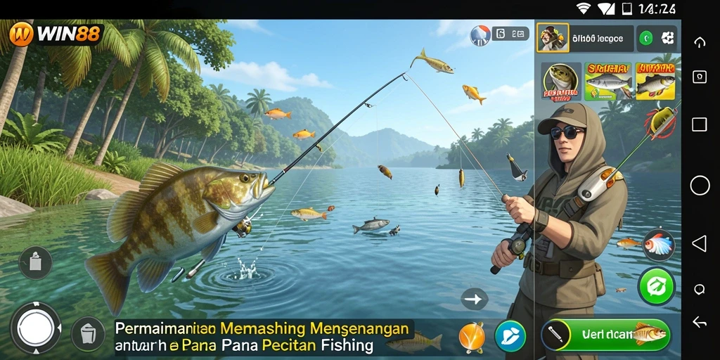 Gameplay <strong>WIN88</strong> menampilkan momen menegangkan saat menarik ikan besar.